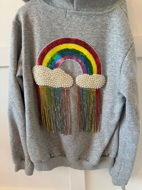 Lola and the Boys Embellished Rainbow Pearl Cloud Hoodie - Gray size girls 12